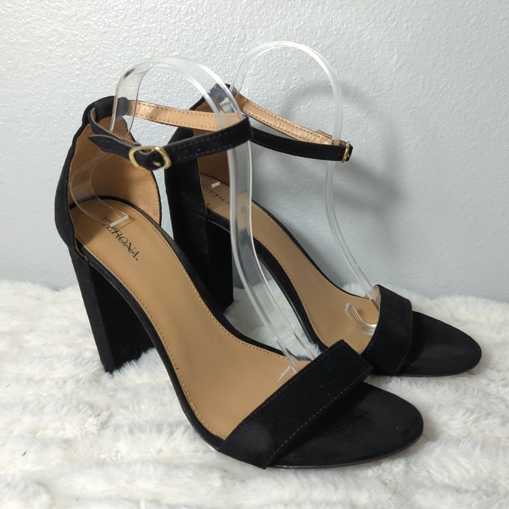 Merona Sandal Women Size‎ 9.5 Black Suede Open Toe Ankle Strap  Chunky Heels